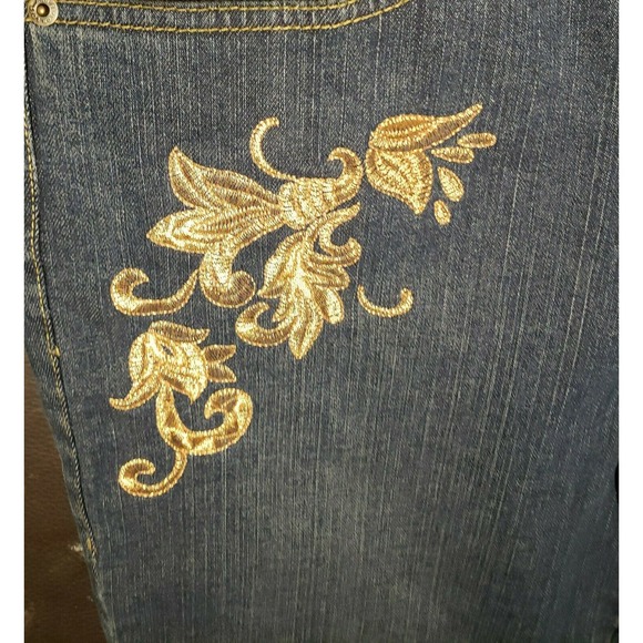 Ann Taylor Loft Gold Embroidered Blue Jeans 12 Bootleg Boot Cut EUC - Picture 3 of 5